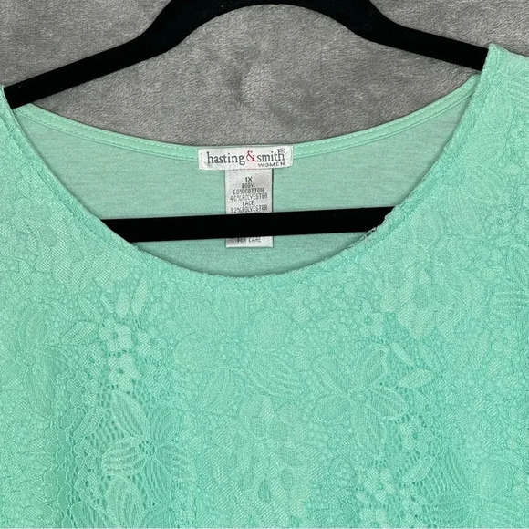 Hasting & Smith 1X Shirt Top Seafoam Green Floral Short Sleeve Roundn Neck Lace - Picture 3 of 7